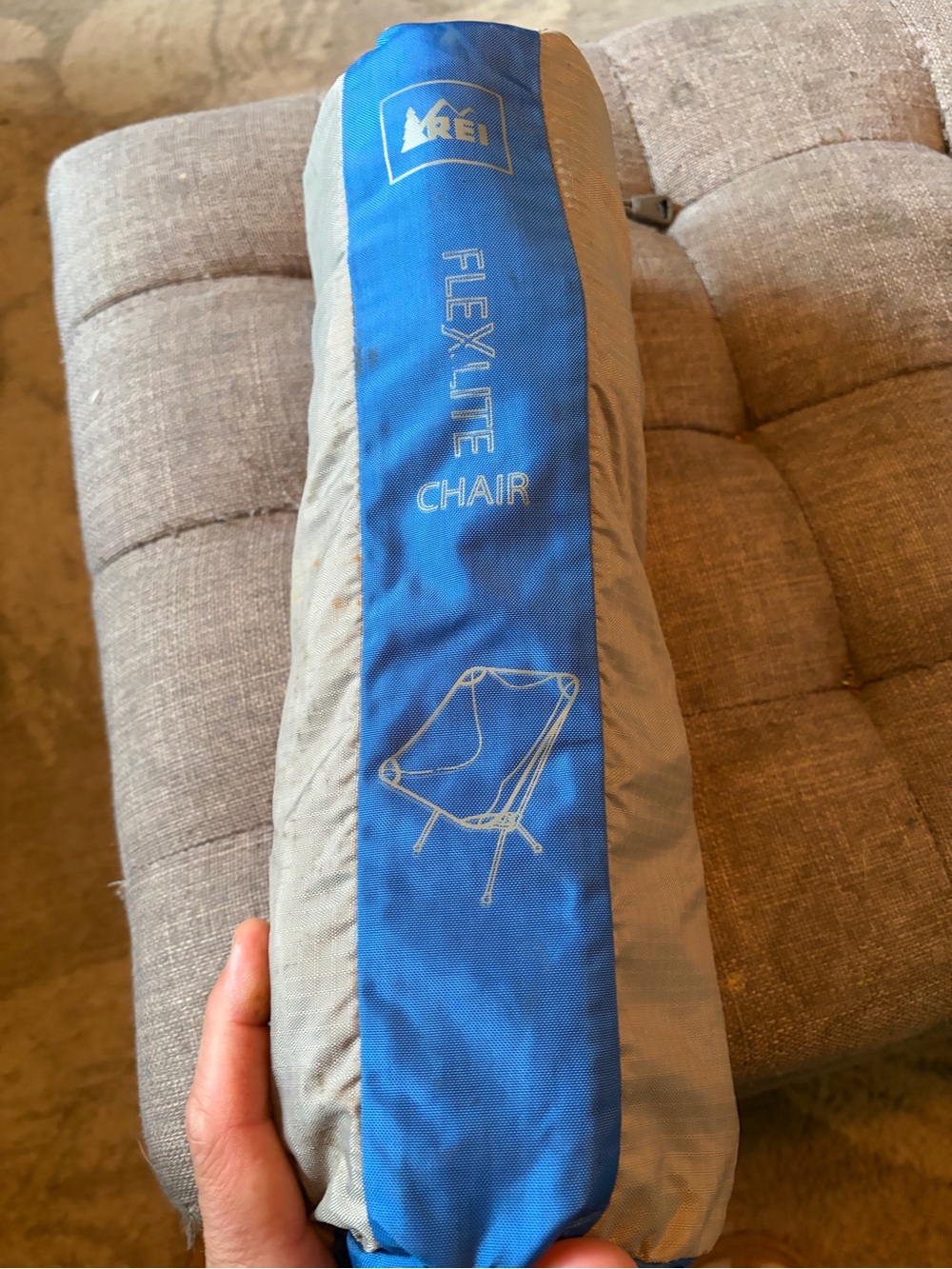 REI Flexlite Chair in Blue and Gray Pack Sleeve